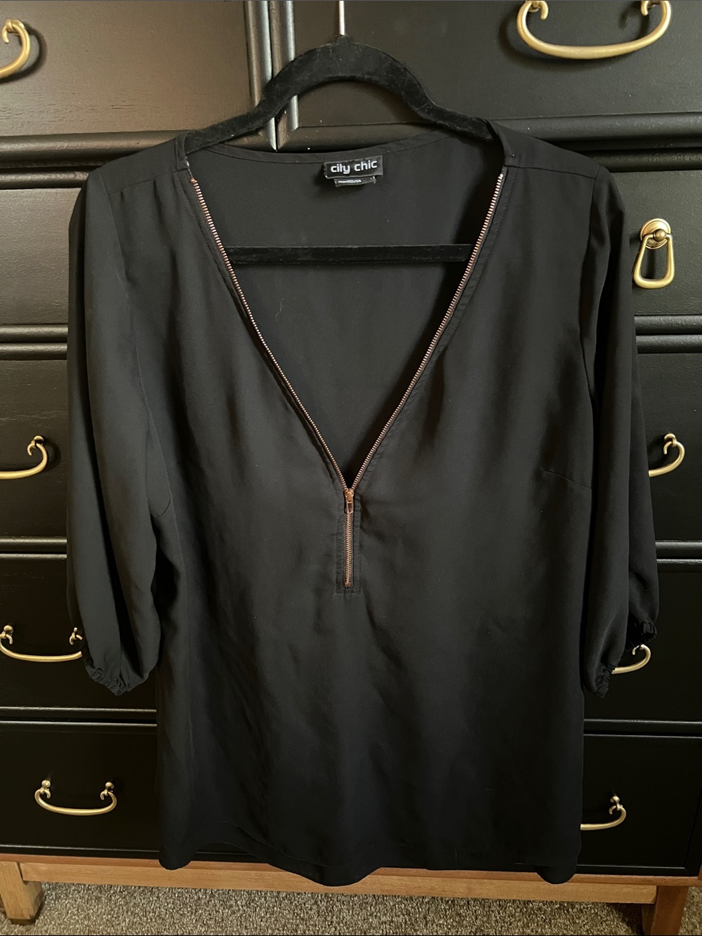 City Chic Black V-Neck Zip Front Tunic